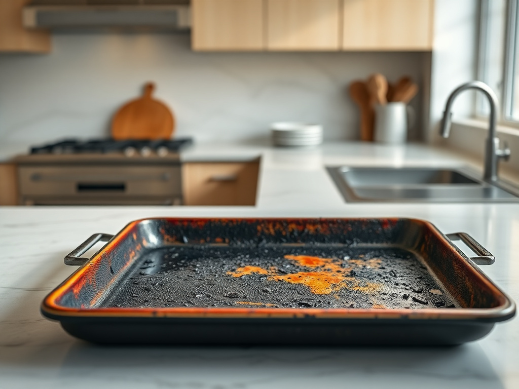 burnt oven tray before cleaning