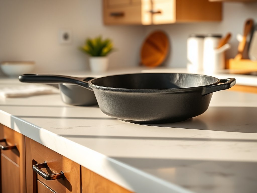rustic cast iron skillet serving roasted vegetables at dinner table