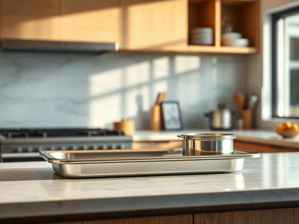 heavy duty aluminum pans stacked on a kitchen counter