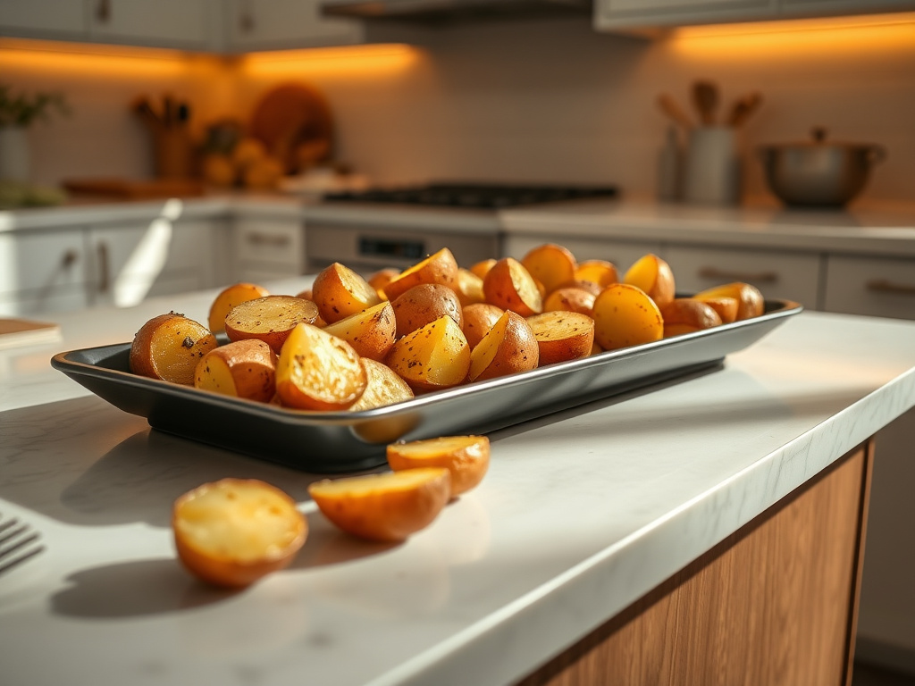 oven roasted potatoes and vegetables on baking sheet