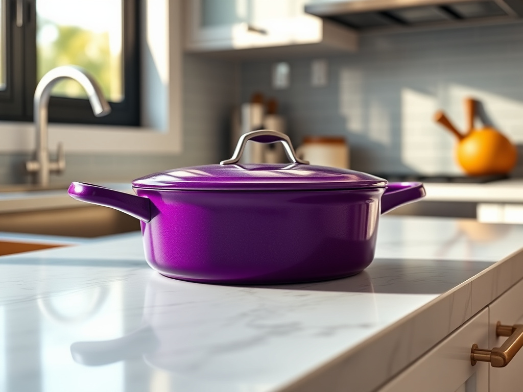 purple cast iron pot with fresh sourdough loaf inside