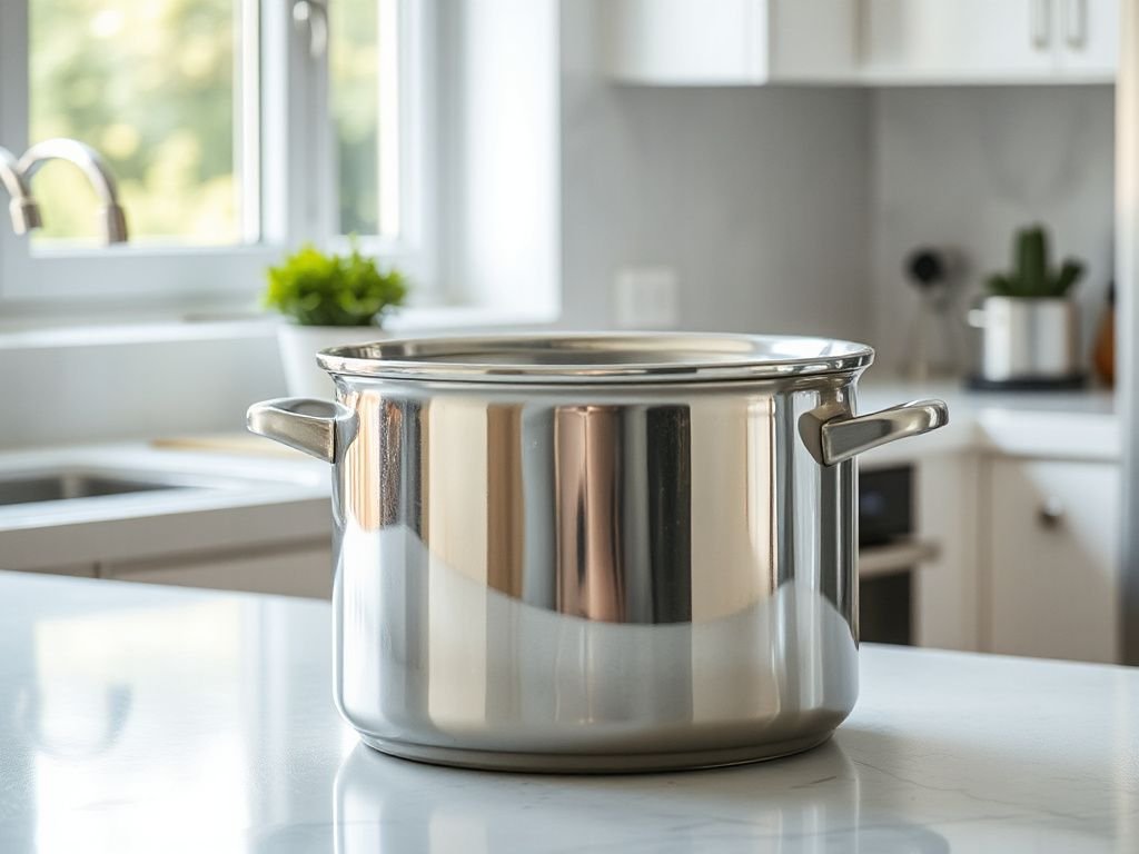 6 quart stock pot with tri-ply base and riveted handles on gas stove