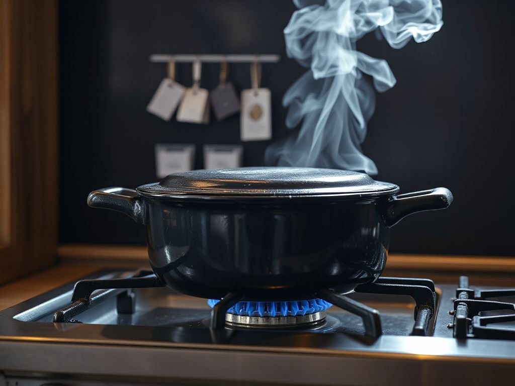 Braising temperature pot with lazy bubbles simmering gently