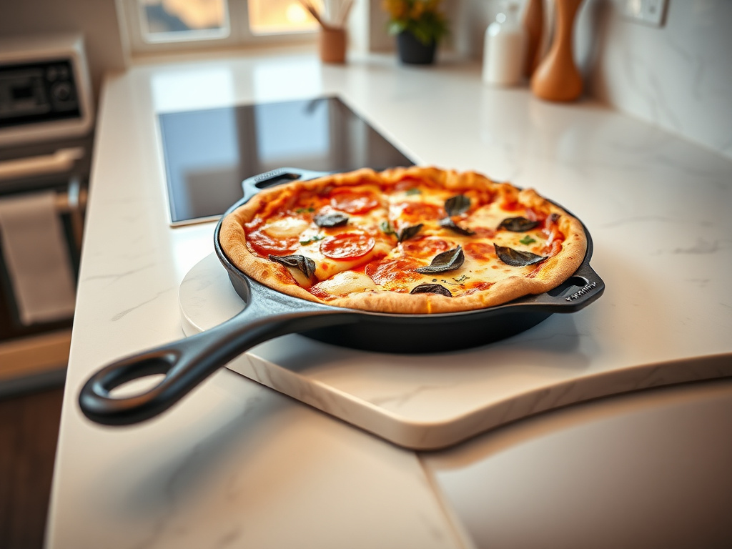 cast iron pizza oven with bubbly cheese and charred crust