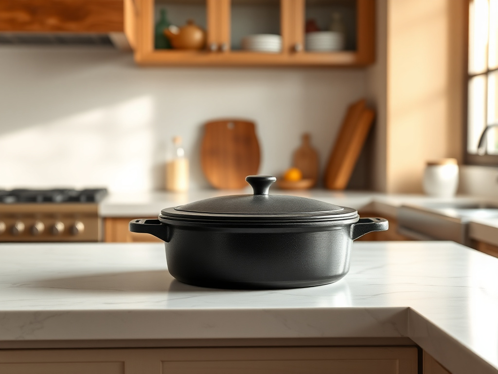 cast iron roaster with whole roasted chicken