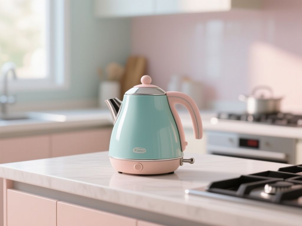 colored mini electric kettle on a dorm desk with steam rising