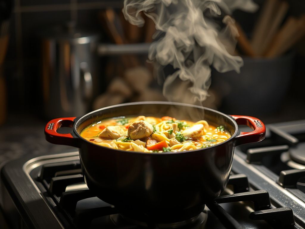 dutch oven chicken noodle soup simmering in enameled cast iron pot