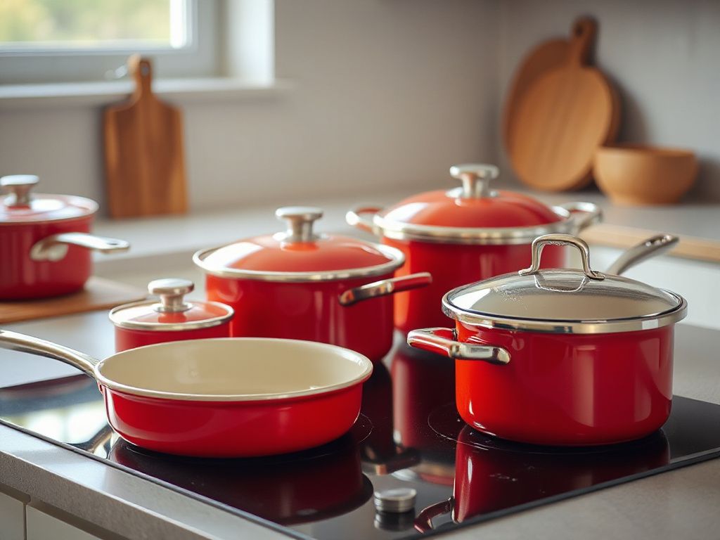 enamel pots and pans on a kitchen countertop