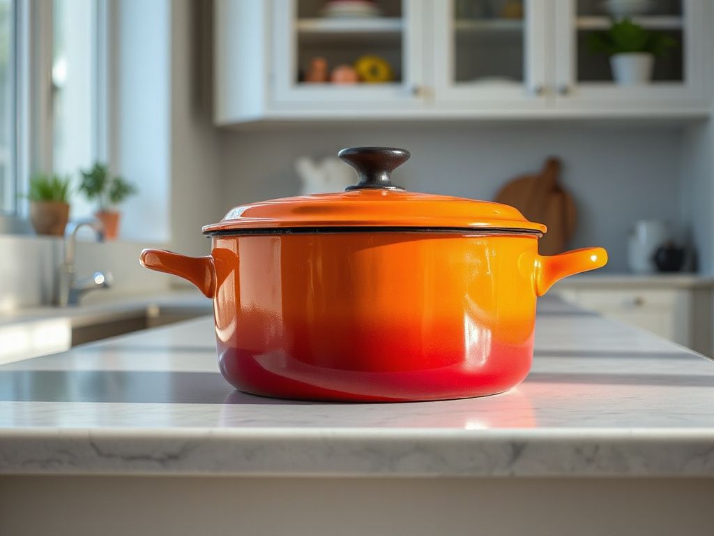 A French enameled cast iron cocotte on a stove with steam rising from a braise