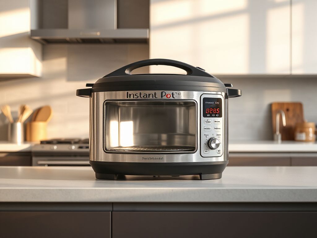 instant pot oven with convection fan and non-stick basket on a kitchen counter