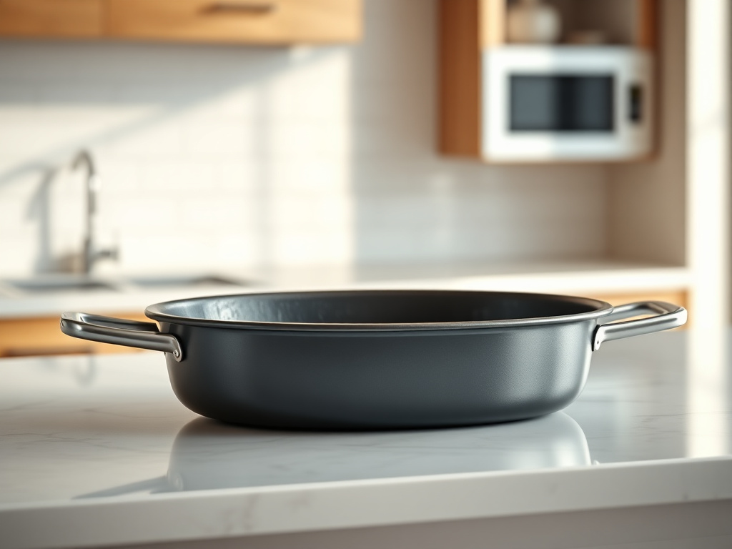 Well-seasoned oval cast iron pan resting on a trivet next to fresh herbs and root vegetables