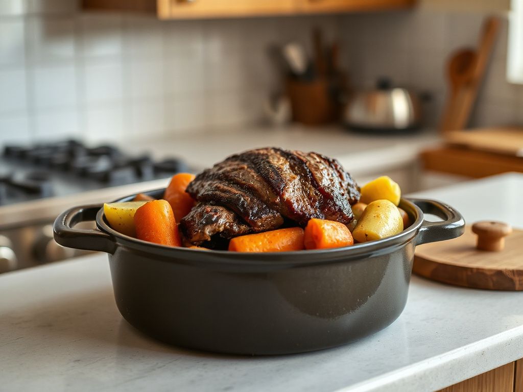 oven pot roast with carrots and potatoes ready to serve