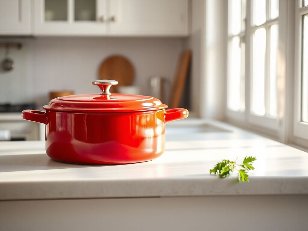 red dutch oven on a stove with simmering stew