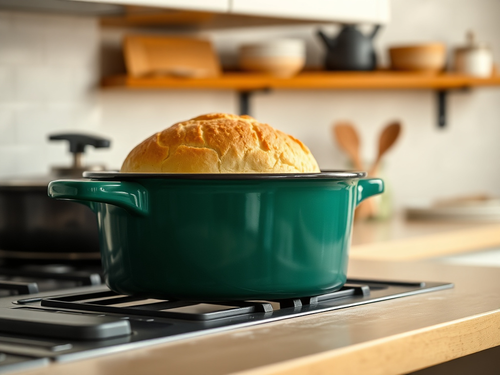 preheating enamel dutch oven for bread - detailed view