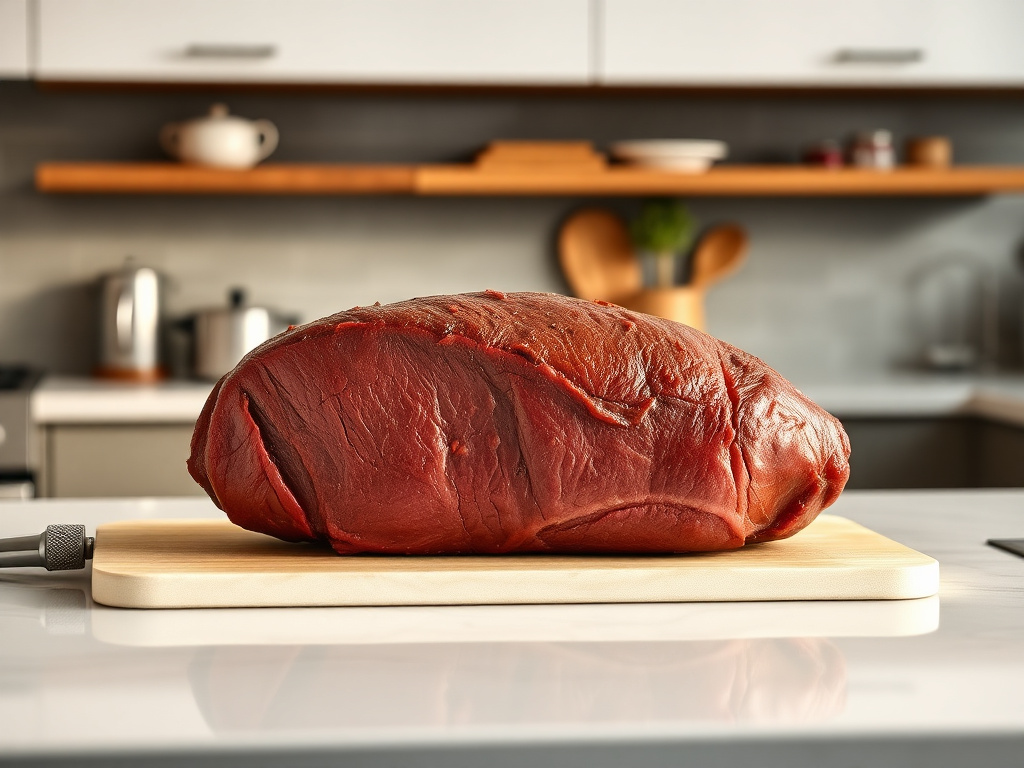 sirloin roast being seared in a heavy dutch oven on stovetop