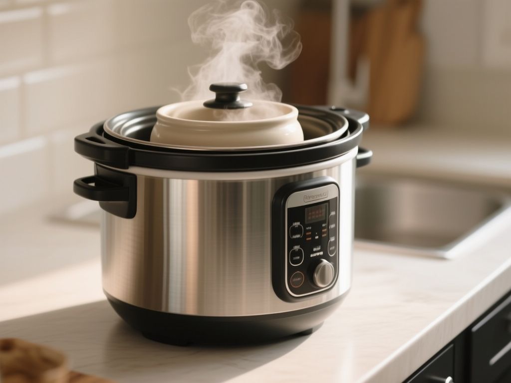 Checking oven temperature with a probe thermometer in a Dutch oven filled with stew