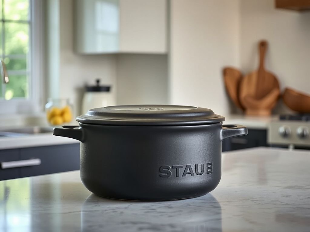 staub 7 qt dutch oven with braising liquid simmering and self-basting lid spikes visible