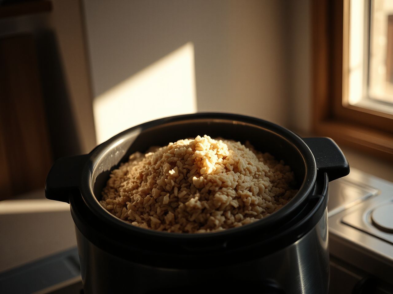 brown rice in rice cooker - detailed view
