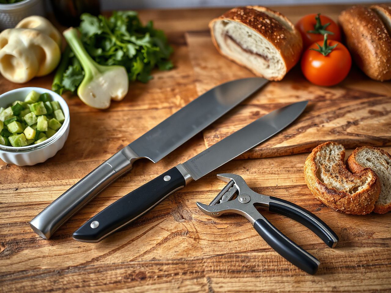 kitchen cutting tools arranged for everyday food preparation