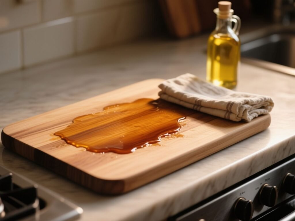 Applying food-grade mineral oil to a wooden cutting board